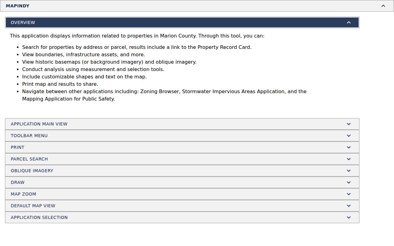 Indiana neighbors research using MapIndy parcel selection, address search, and map tools