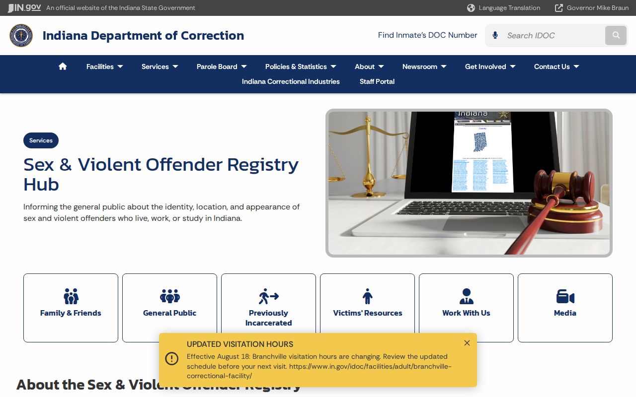 Indiana residents directory reference showing the Indiana Department of Correction public registry page