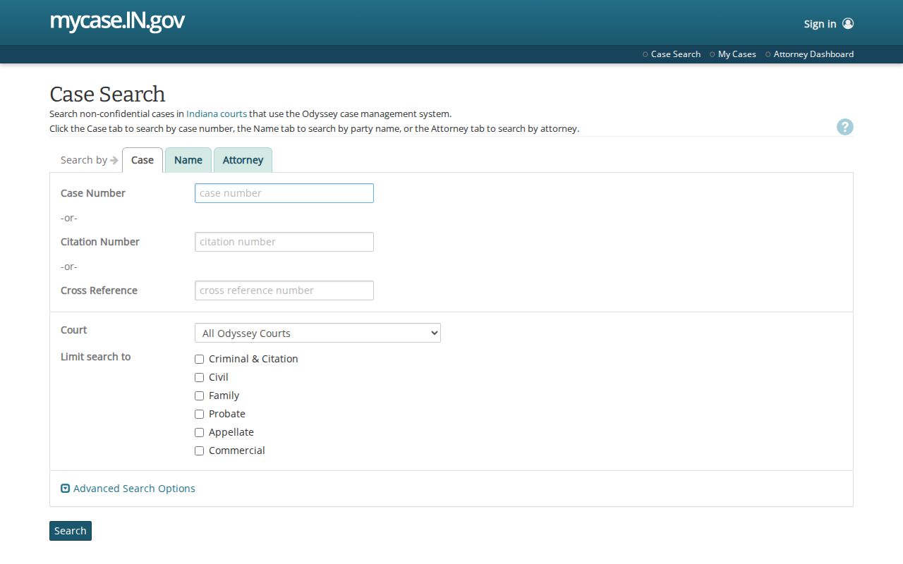 Indiana resident lookup using the MyCase trial court party search