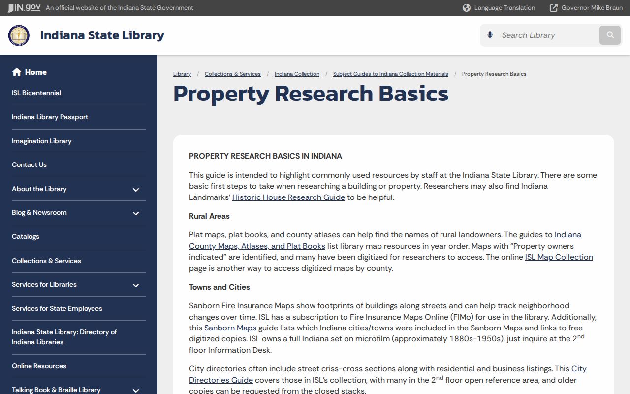 Indiana previous residents research with the State Library property guide