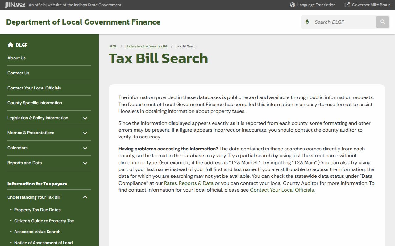 Indiana street directory research at the statewide tax bill search, with county property lookup guidance