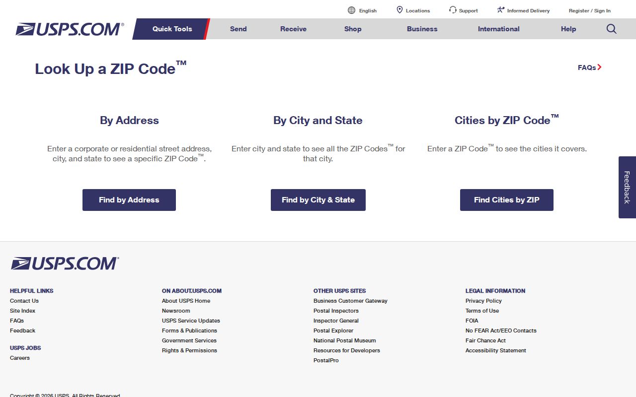 Indiana ZIP code directory reference showing the USPS address and ZIP lookup modes